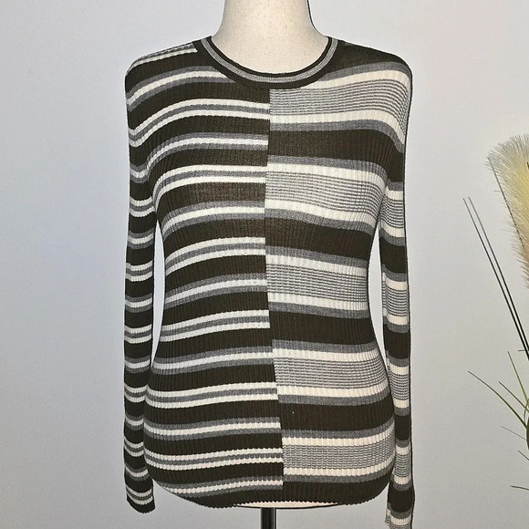Theory, New, Wool Brown Multi-stripe Ribbed Lightweight Sweater, Size Medium - Picture 12 of 12